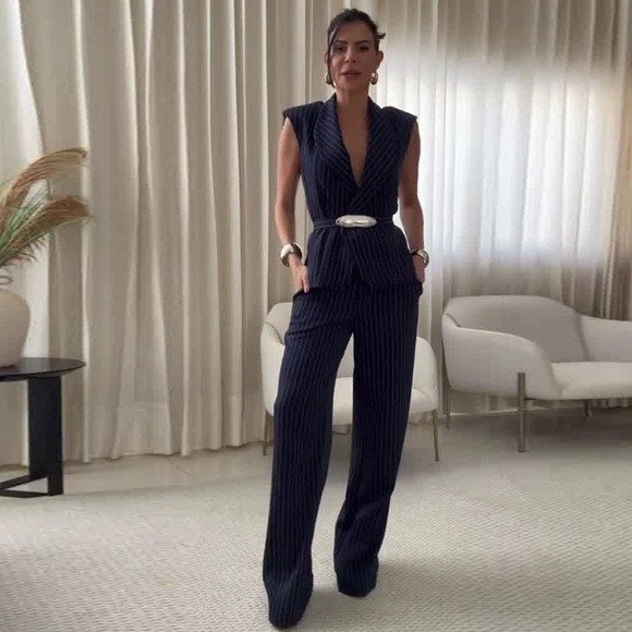 Forever 21 Pants - Forever 21 Summer Collared Sleeveless Navy Blue Striped Pantsuit